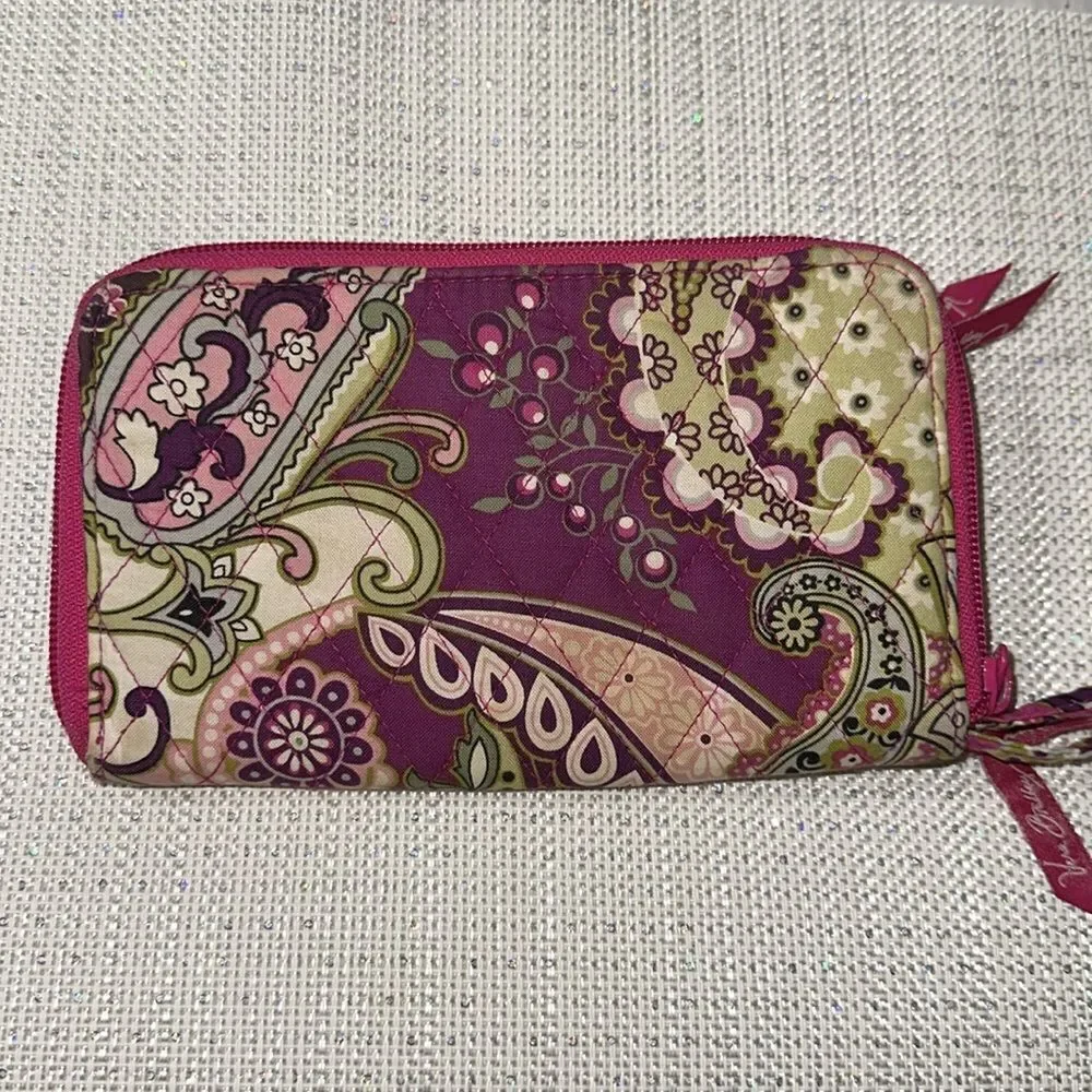 Vera Bradley Fuchsia Green Purple Paisley Wristlet Wallet - Picture 2 of 12